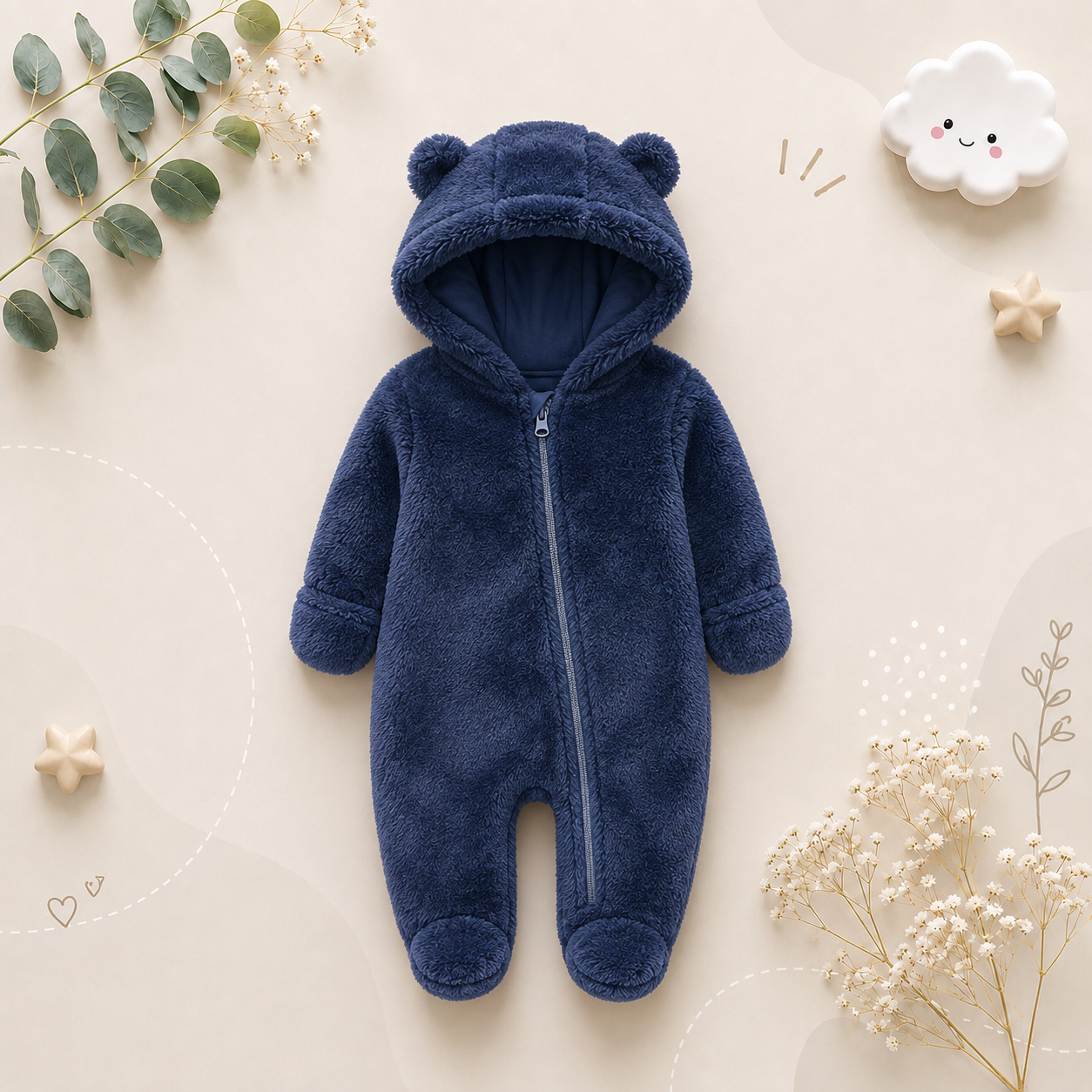 The Maximilian - Baby Unisex Winter Bear‑Ear Romper – Newborn Zip‑Up Bodysuit, Warm Infant Jumpsuit
