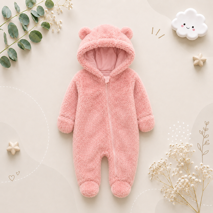 The Maximilian - Baby Unisex Winter Bear‑Ear Romper – Newborn Zip‑Up Bodysuit, Warm Infant Jumpsuit