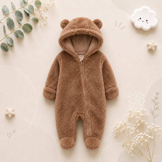 The Maximilian - Baby Unisex Winter Bear‑Ear Romper – Newborn Zip‑Up Bodysuit, Warm Infant Jumpsuit