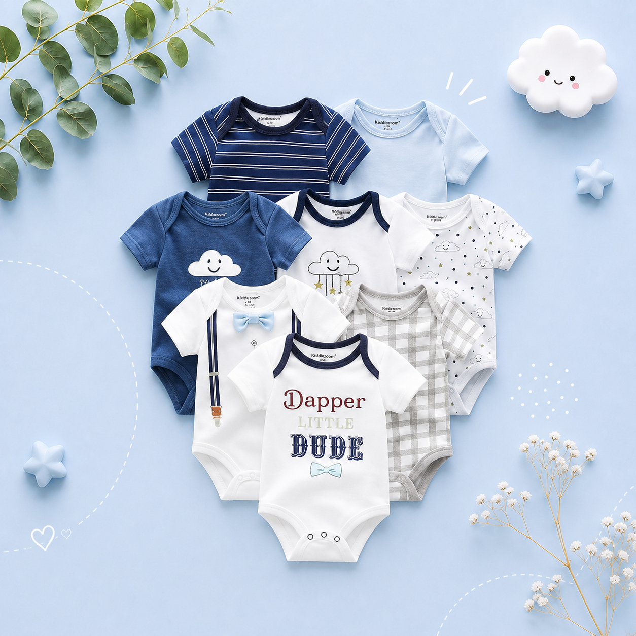 The Izael - Baby Unisex 8pcs Short Sleeve Various Print Romper Set