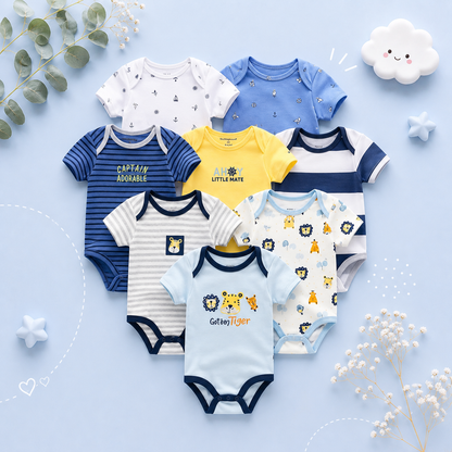 The Izael - Baby Unisex 8pcs Short Sleeve Various Print Romper Set