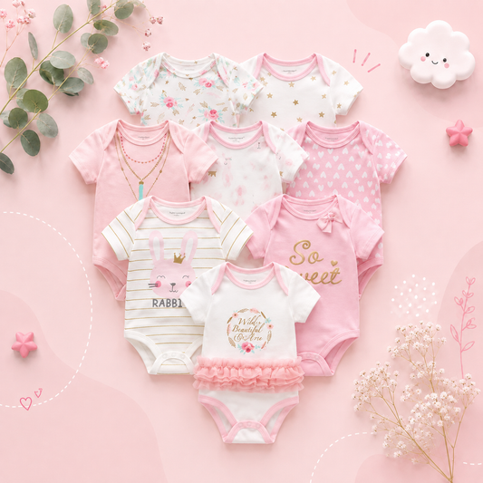 The Izael - Baby Unisex 8pcs Short Sleeve Various Print Romper Set