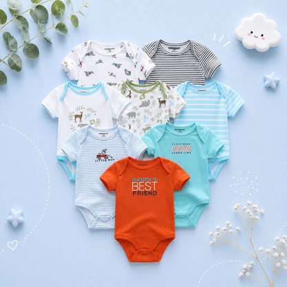 The Izael - Baby Unisex 8pcs Short Sleeve Various Print Romper Set