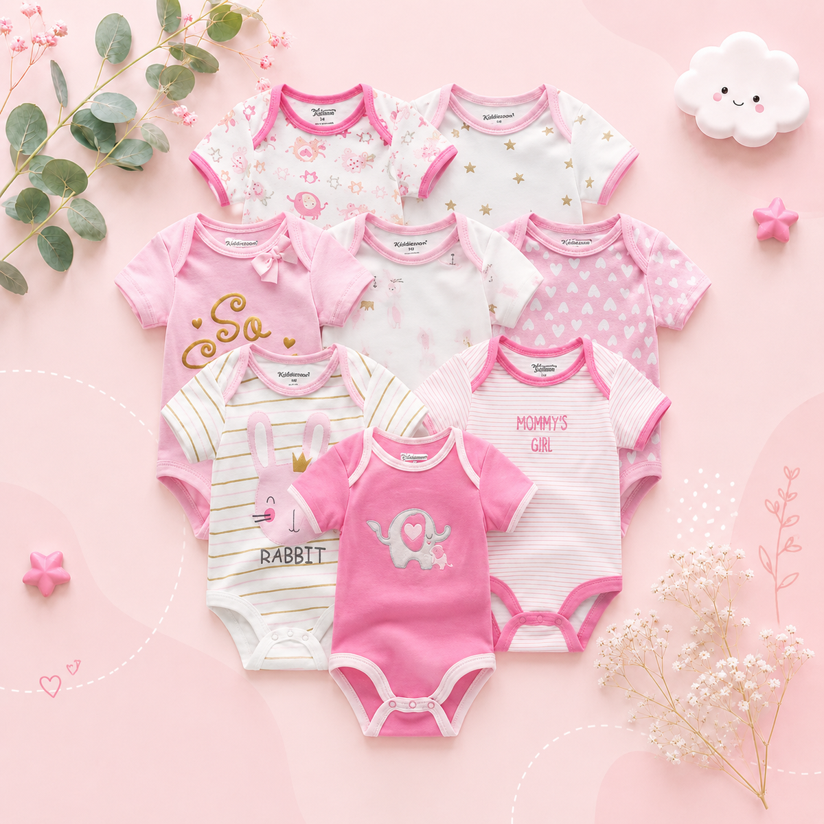 The Izael - Baby Unisex 8pcs Short Sleeve Various Print Romper Set