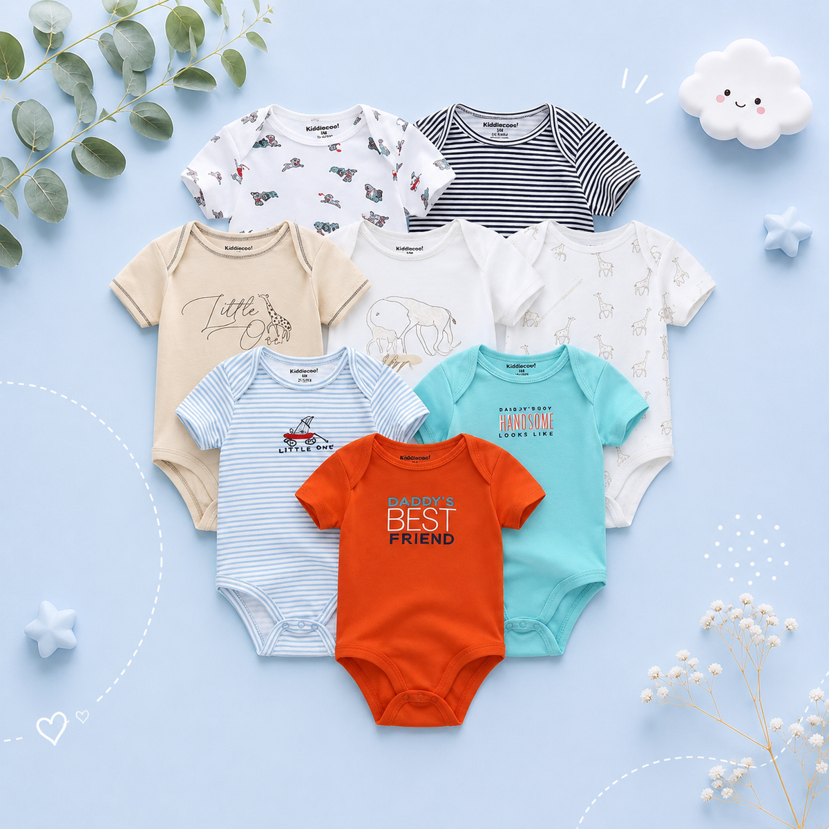 The Izael - Baby Unisex 8pcs Short Sleeve Various Print Romper Set