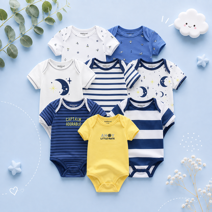 The Izael - Baby Unisex 8pcs Short Sleeve Various Print Romper Set