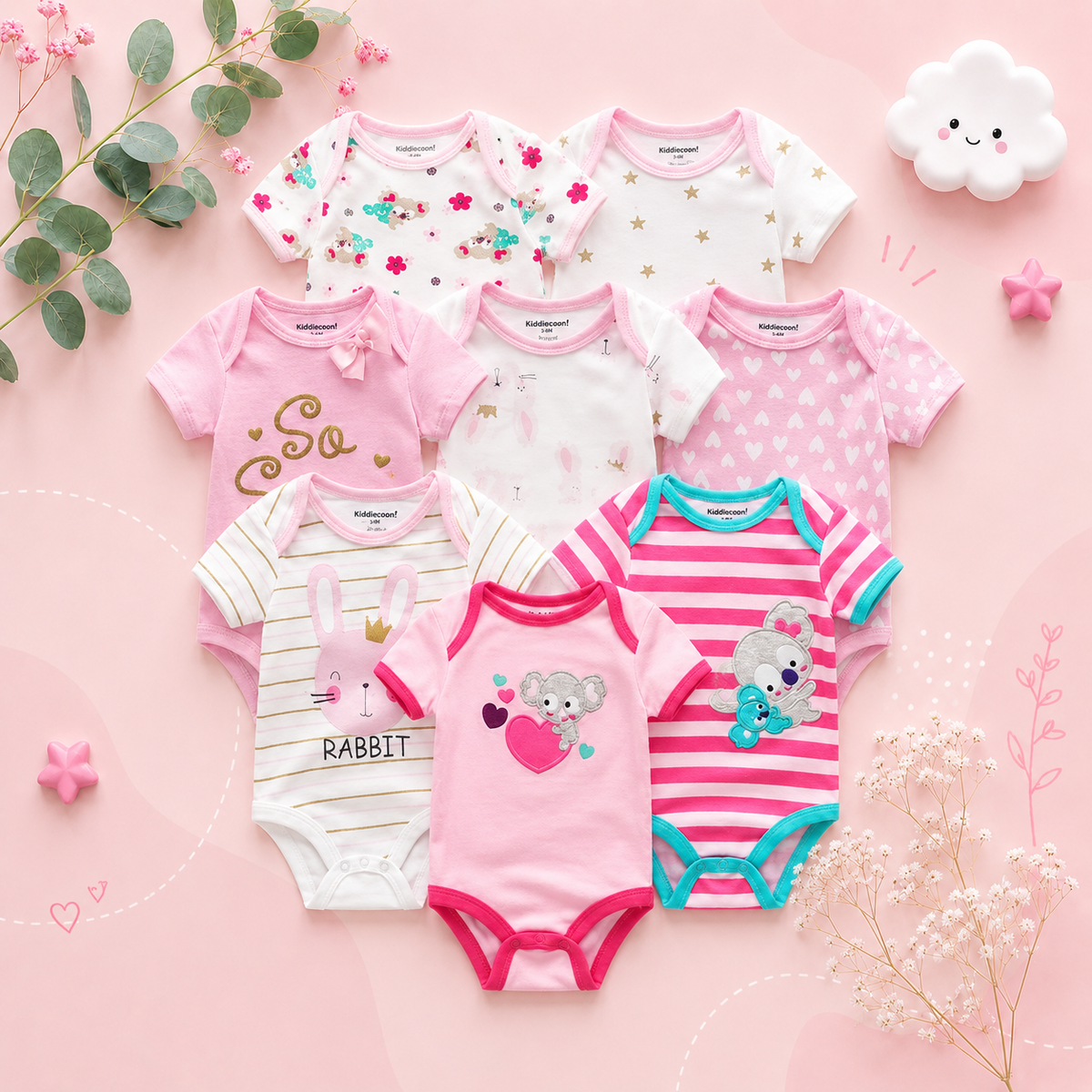 The Izael - Baby Unisex 8pcs Short Sleeve Various Print Romper Set