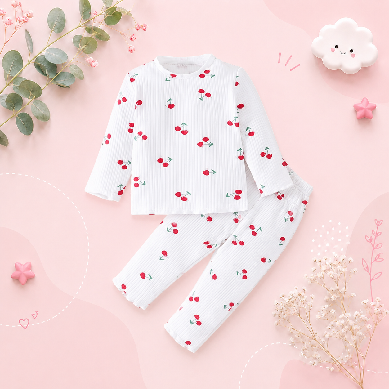 The Teagan - Baby Girl White Cherry Print Pajamas Set