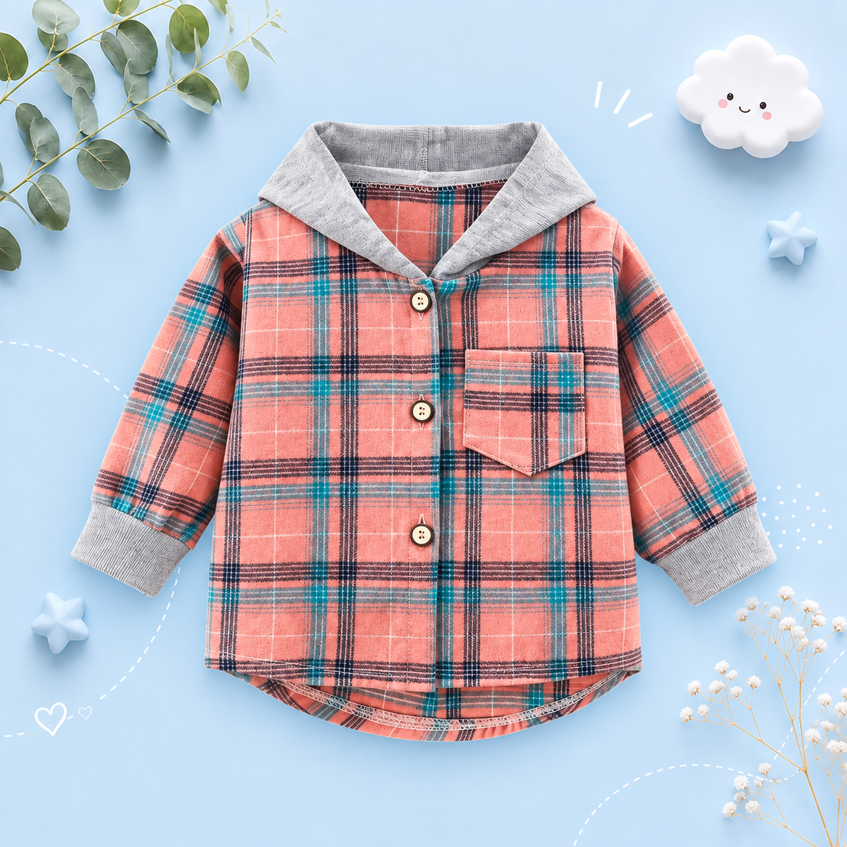 The Raiden - Baby Boy Pink Hooded Plaid Shirts Coat Long-Sleeve Jacket