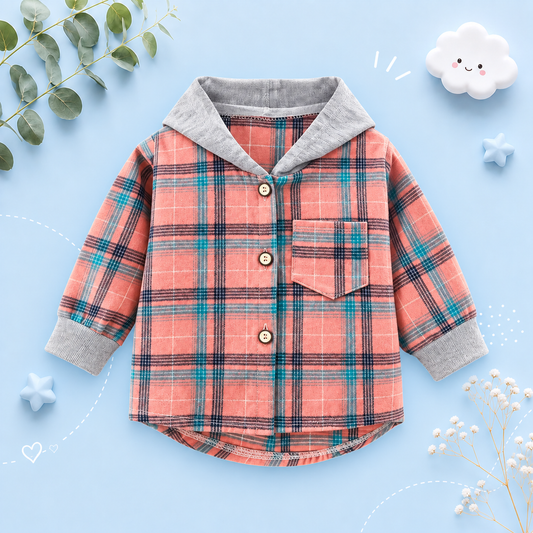 The Raiden - Baby Boy Pink Hooded Plaid Shirts Coat Long-Sleeve Jacket
