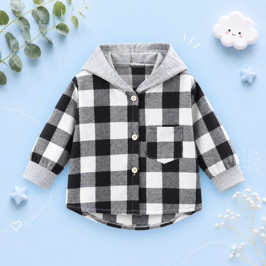 The Raiden - Baby Boy Black Hooded Plaid Shirts Coat Long-Sleeve Jacket