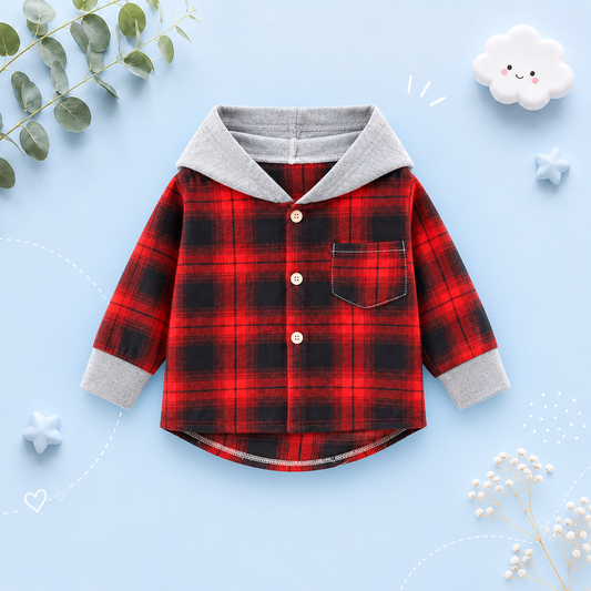 The Raiden - Baby Boy Red Hooded Plaid Shirts Coat Long-Sleeve Jacket