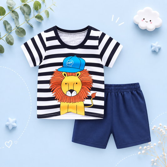 The Marcelo - Baby Boy Animal Lion Print Short Sleeve T-shirt + Shorts