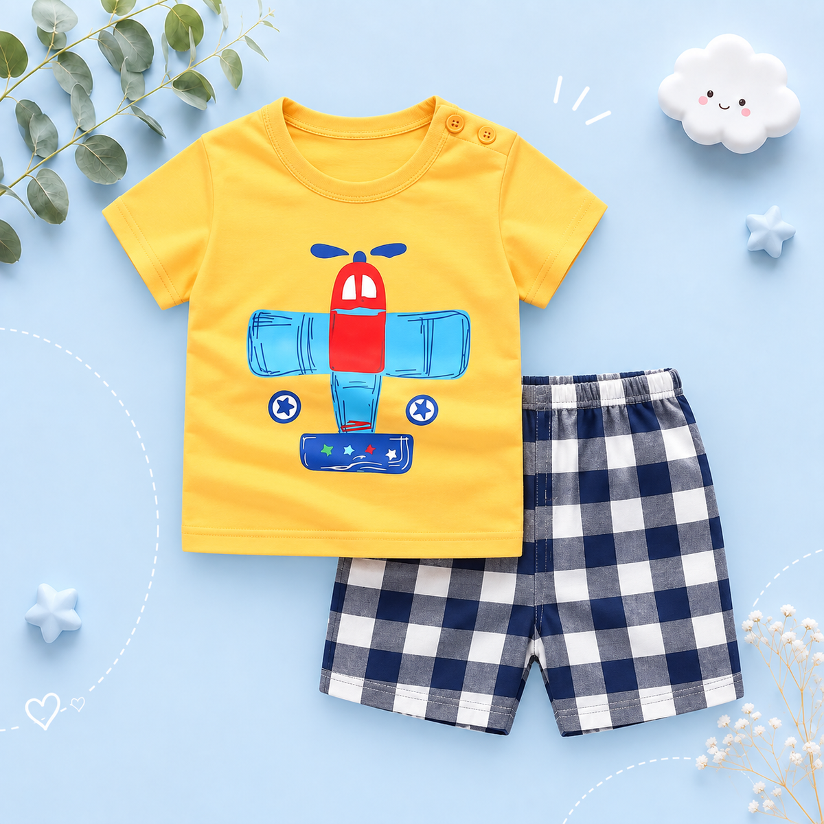 The Marcelo - Baby Boy Airplane Print Short Sleeve T-shirt + Shorts