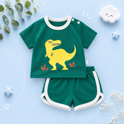 The Clark - Baby Unisex Yellow Dino Cartoon Print Green T-Shirt & Shorts Set