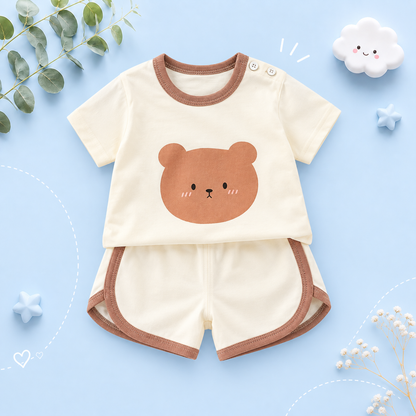 The Clark - Baby Unisex Brown Bear Cartoon Print Beige T-Shirt & Shorts Set