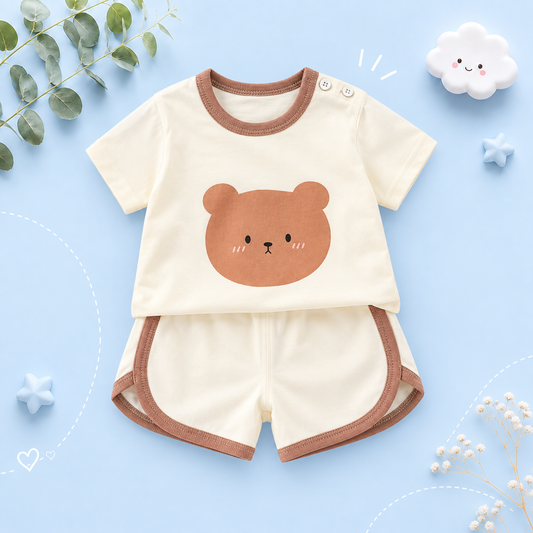 The Clark - Baby Unisex Brown Bear Cartoon Print Beige T-Shirt & Shorts Set