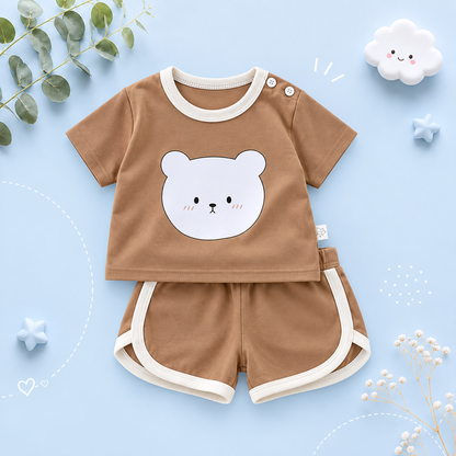 The Clark - Baby Unisex White Bear Cartoon Print Brown T-Shirt & Shorts Set