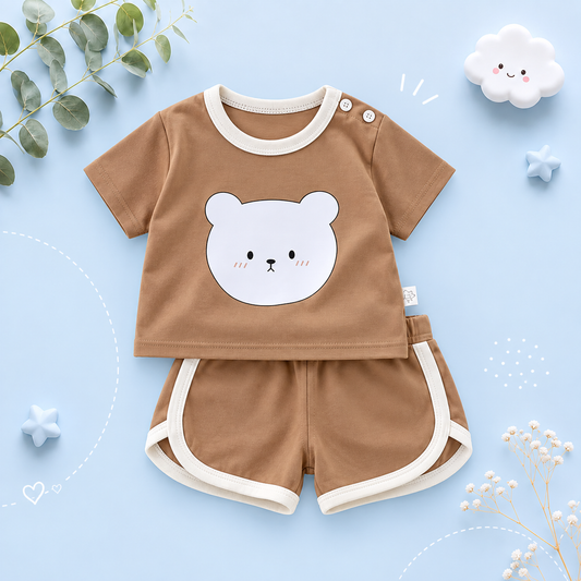 The Clark - Baby Unisex White Bear Cartoon Print Brown T-Shirt & Shorts Set