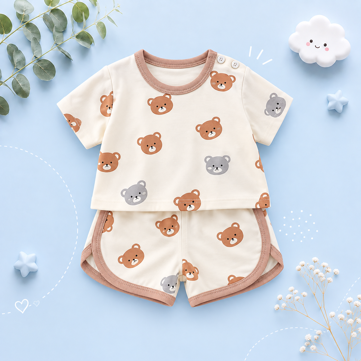 The Clark - Baby Unisex Bear Cartoon Print T-Shirt & Shorts Set