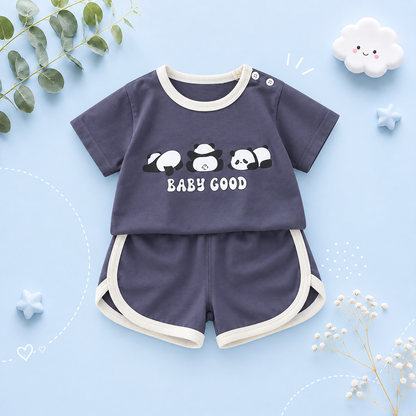 The Clark - Baby Unisex Panda Cartoon Print Blue T-Shirt & Shorts Set