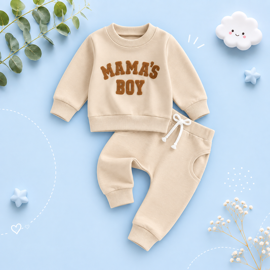 The Marcus - Baby Boy "Mama's Boy" Embroidered Letter Crewneck Sweatshirt + Casual Pants