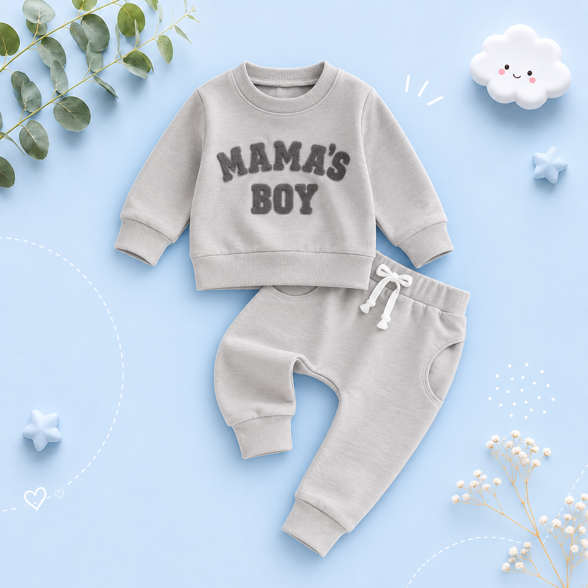 The Marcus - Baby Boy "Mama's Boy" Embroidered Letter Crewneck Sweatshirt + Casual Pants