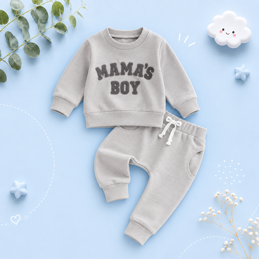 The Marcus - Baby Boy "Mama's Boy" Embroidered Letter Crewneck Sweatshirt + Casual Pants