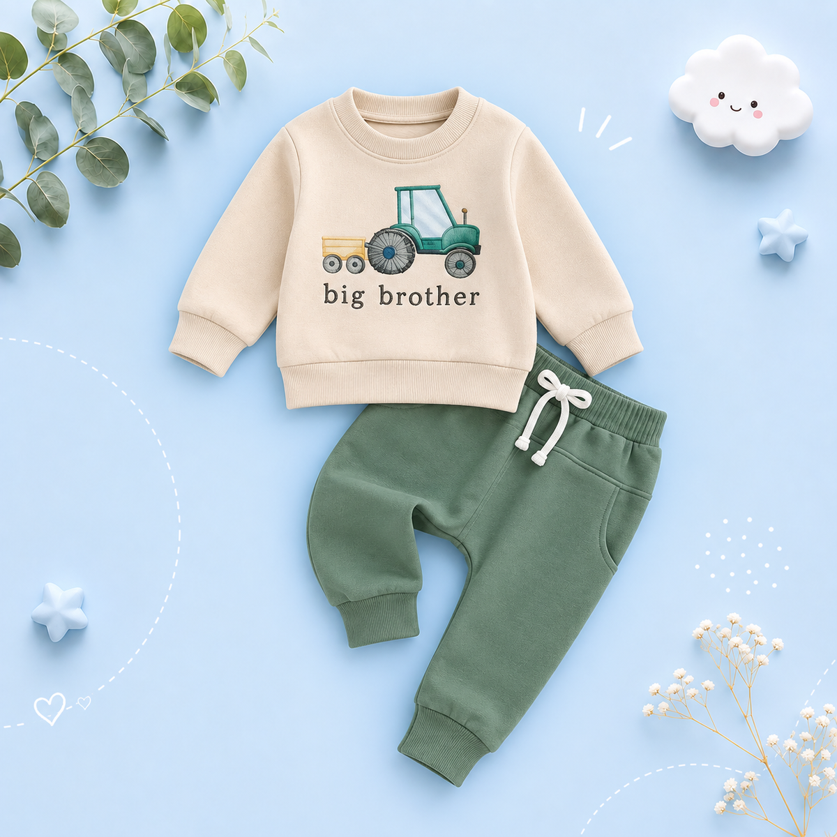 The Josue - Baby Boy Big Brother Long Sleeve O Neck Letter Tractor Print Tops Solid Color + Pants Sets