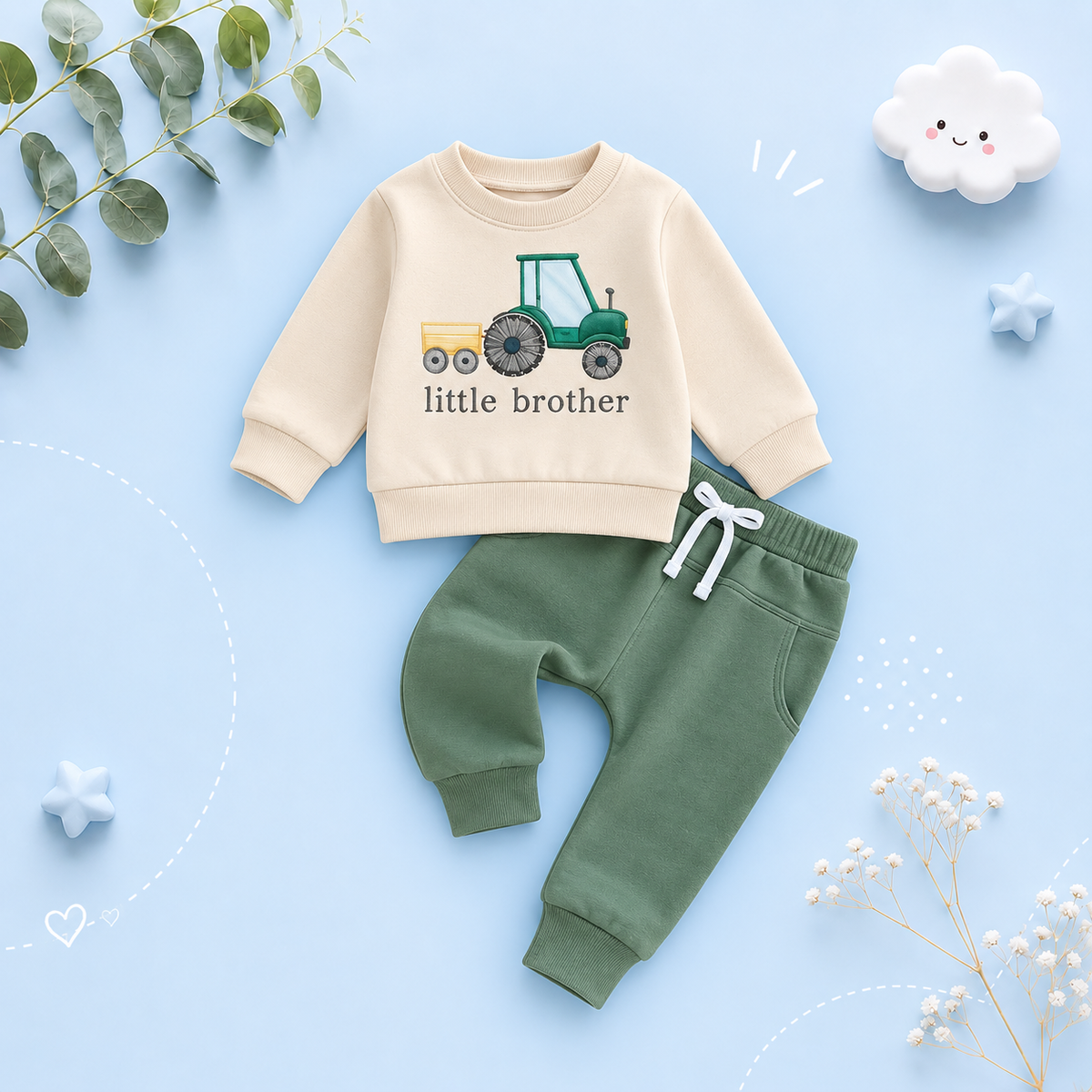 The Josue - Baby Boy Little Brother Long Sleeve O Neck Letter Tractor Print Tops Solid Color + Pants Sets