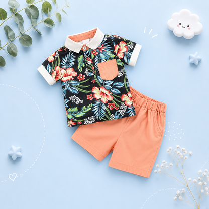 The Baker - Baby Boy Short Sleeve Turn-down Collar Top With Printing Floral Pocket & Solid Pants