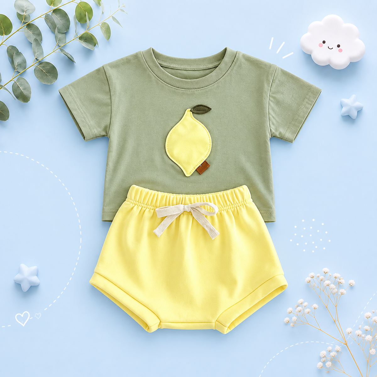 The Zachary - Baby Boy Fruit Lemon Print Round Neck T-Shirt + Shorts