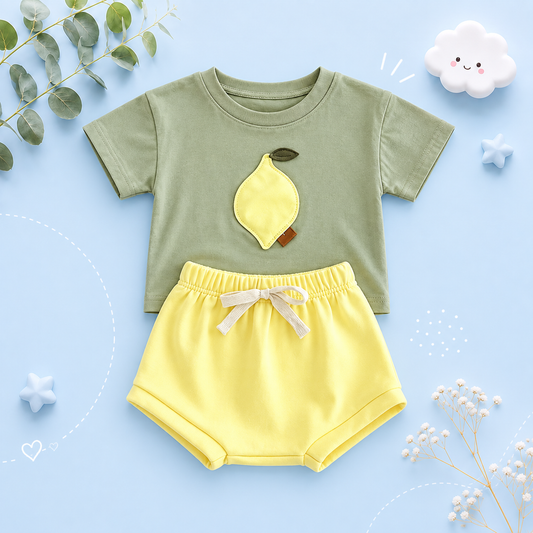 The Zachary - Baby Boy Fruit Lemon Print Round Neck T-Shirt + Shorts