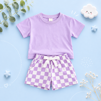 The Hayes - Baby Unisex Solid Short Sleeved T-shirt + Checkerboard Shorts