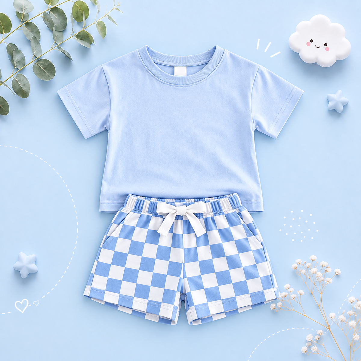The Hayes - Baby Unisex Solid Short Sleeved T-shirt + Checkerboard Shorts