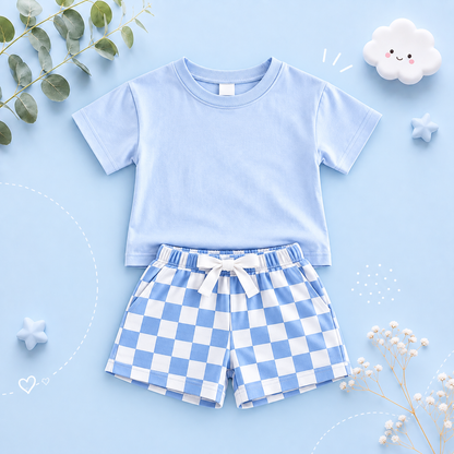 The Hayes - Baby Unisex Solid Short Sleeved T-shirt + Checkerboard Shorts