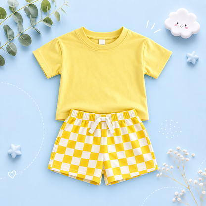 The Hayes - Baby Unisex Solid Short Sleeved T-shirt + Checkerboard Shorts