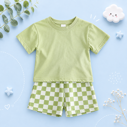 The Hayes - Baby Unisex Solid Short Sleeved T-shirt + Checkerboard Shorts