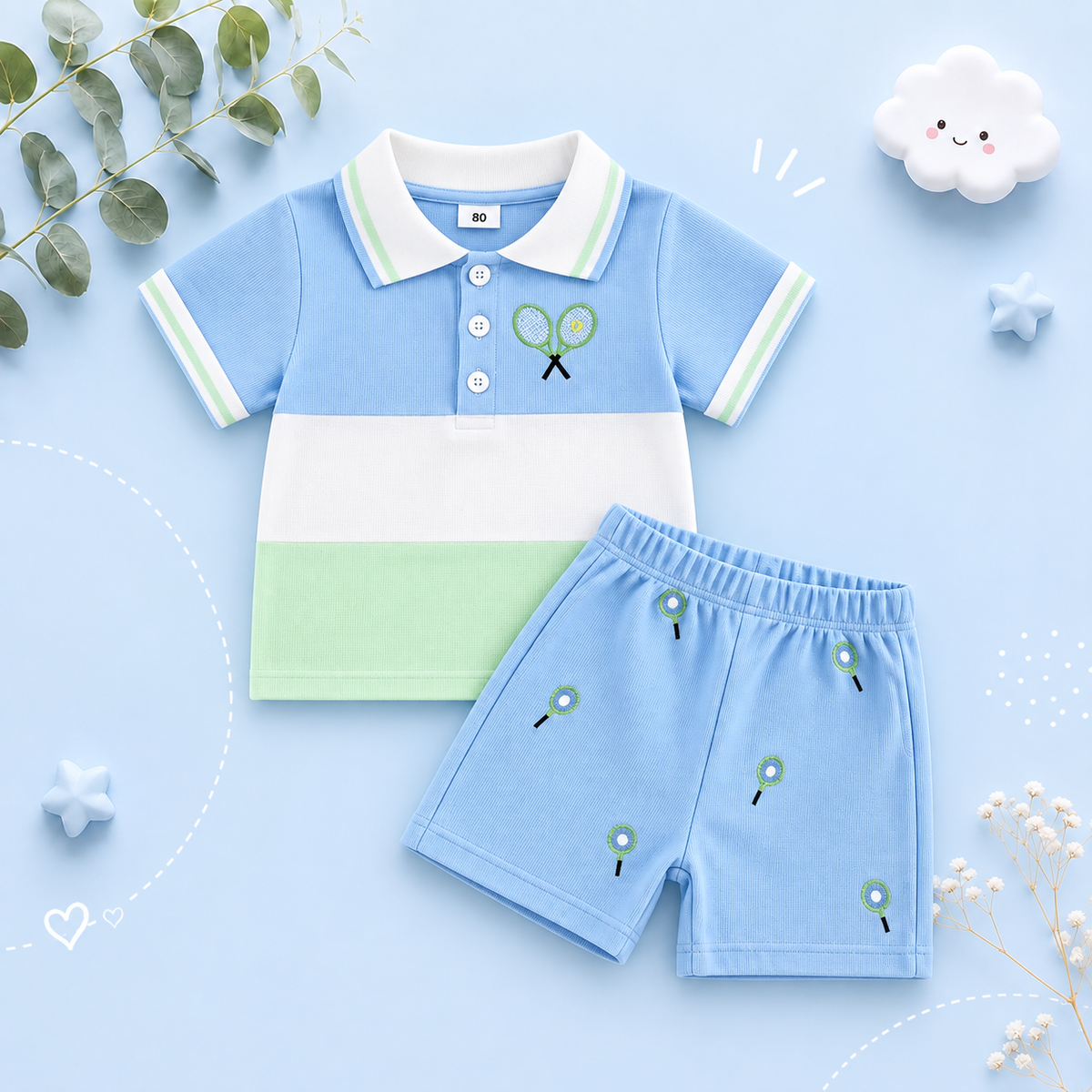 The Jakari - Baby Boy Summer Outfit – Tennis Ball Print Short Sleeve T‑Shirt + Elastic Shorts 2Pcs