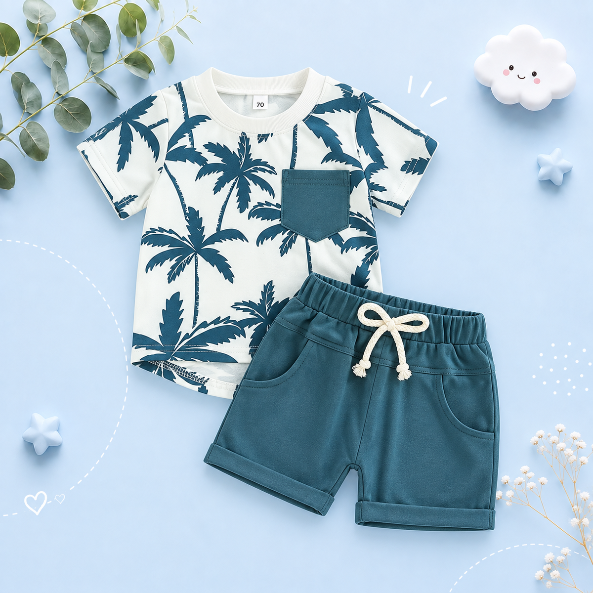 The Westley - Toddler Baby Boy Beach Tree Print T‑Shirt & Shorts 2‑Pcs Summer Set