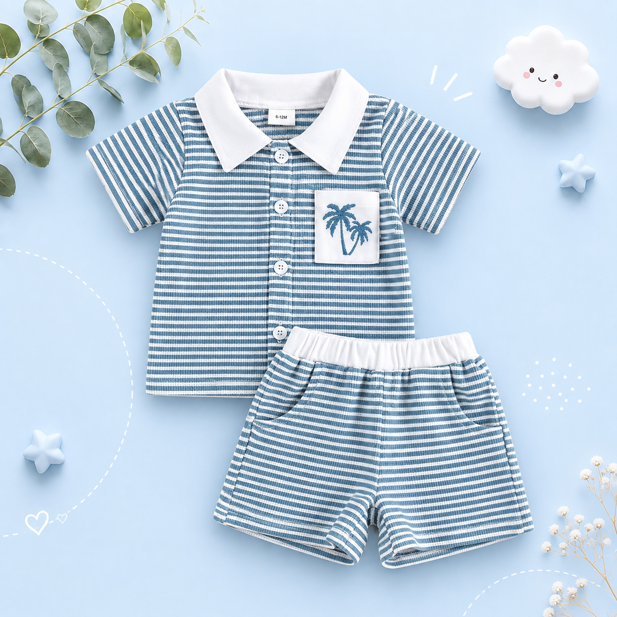 The Yahya - Baby/Toddler Boy Summer Set – Striped Palm Leaf Embroidery Shirt & Shorts