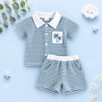 The Yahya - Baby/Toddler Boy Summer Set – Striped Palm Leaf Embroidery Shirt & Shorts