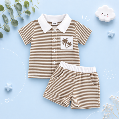 The Yahya - Baby/Toddler Boy Summer Set – Striped Palm Leaf Embroidery Shirt & Shorts