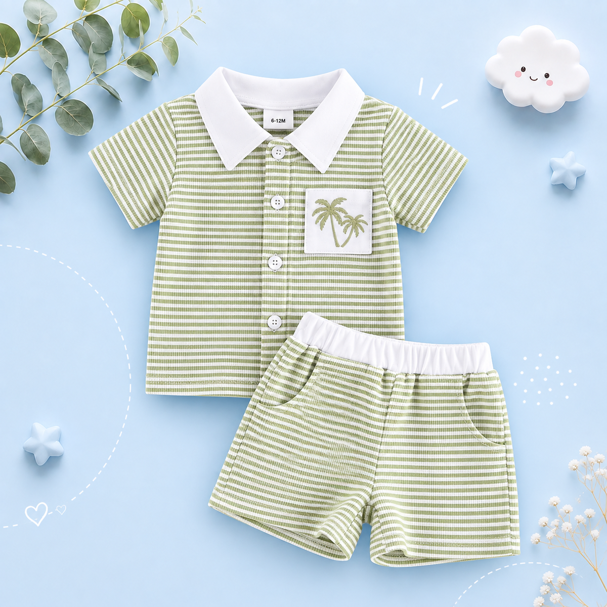 The Yahya - Baby/Toddler Boy Summer Set – Striped Palm Leaf Embroidery Shirt & Shorts