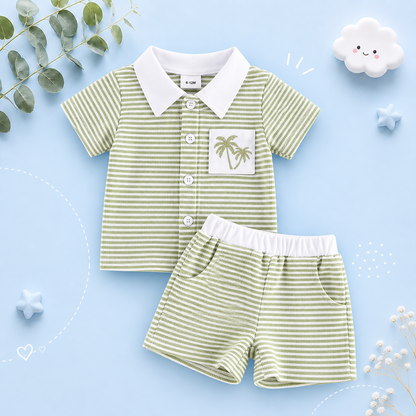 The Yahya - Baby/Toddler Boy Summer Set – Striped Palm Leaf Embroidery Shirt & Shorts