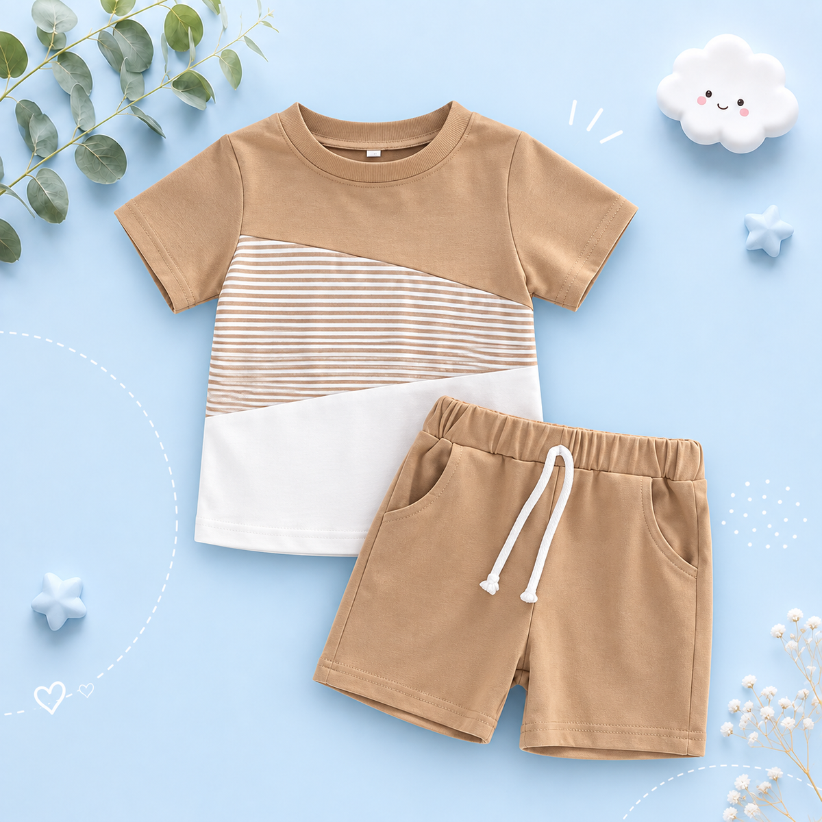 The Eziah - Baby Boys 0–4Y 2‑Piece Outfit – Patchwork Short Sleeve Crewneck Tee & White Strap Shorts Set