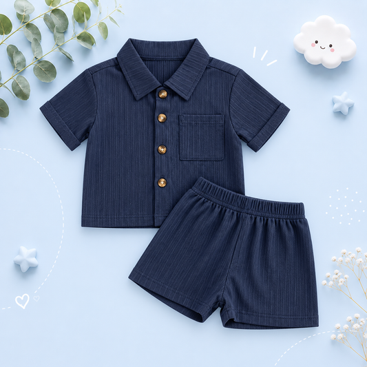 The Roland - Toddler Baby Boy Summer Outfit – 2‑Piece Solid Short Sleeve Turn‑Down Collar Top & Casual Elastic Shorts Set