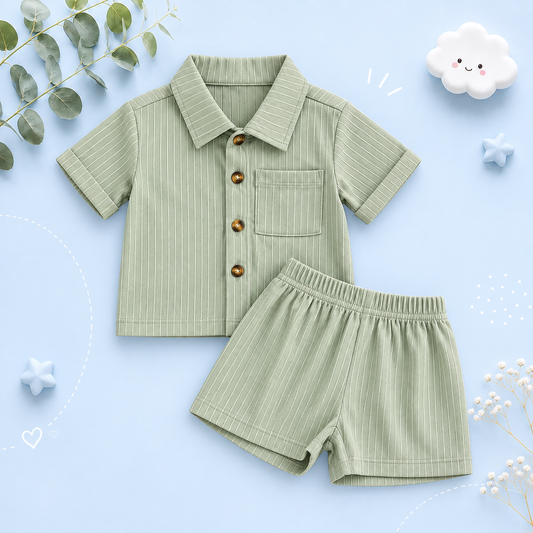 The Roland - Toddler Baby Boy Summer Outfit – 2‑Piece Solid Short Sleeve Turn‑Down Collar Top & Casual Elastic Shorts Set