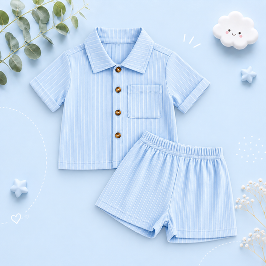 The Roland - Toddler Baby Boy Summer Outfit – 2‑Piece Solid Short Sleeve Turn‑Down Collar Top & Casual Elastic Shorts Set