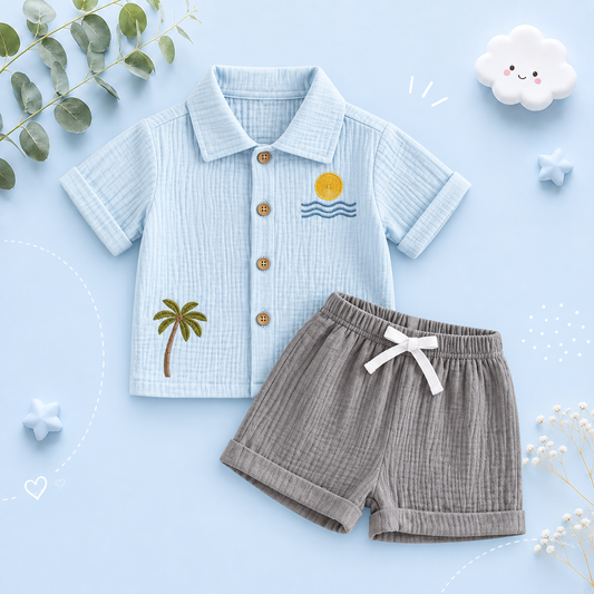 The Zaiden - Baby Boy Summer Outfit – Short Sleeve Tree Print Shirt & Elastic Waist Shorts 2‑Piece Set